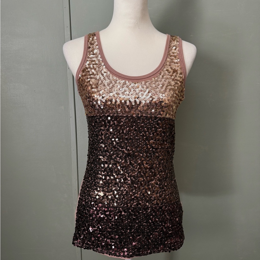 Y2K Sequin Sleeveless Scoop Neck Brown Gold Tank Top M